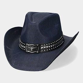 Metal Steer Head Buckle Studded Faux Leather Band Western Straw Cowboy Hat