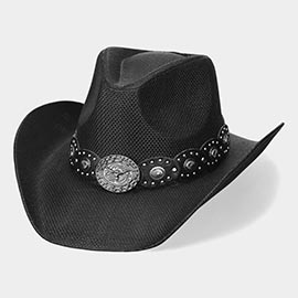 Boho Steer Oval Steer Head Buckle Accent Studded Faux Leather Concho Band Straw Western Cowboy Hat