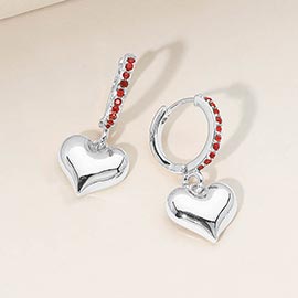 Silver Dipped Heart Charm Drop Dangle Stone Pave Huggie Hoop Earrings