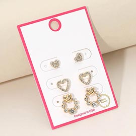 3Pairs - Gold Dipped Heart Wreath Stud Earring Set