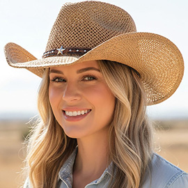 Metal Star Studded Faux Leather Band Western Straw Woven Cowboy Hat