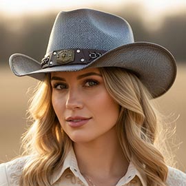 Rustic Star Concho Belt Accent Faux Leather Band Western Straw Cowboy Hat