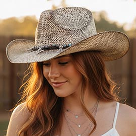 Handmade Vintage Steer Head Cactus Horseshoe Charm Faux Leather Band Western Straw Cowboy Hat
