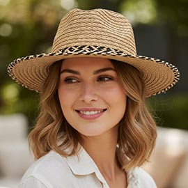 Two Tone Geometric Pattern Band Matching Brim Trim Straw Fedora Sun Hat