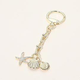 14K Gold Plated CZ Stone Paved Starfish Sea Shell Charm Drop Bag Charm Keychain