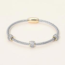 14K Gold Plated Two Tone CZ Stone Paved Cluster Accent Twisted Magnetic Bangle Bracelet