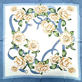 Floral Ribbon Printed Square Silky Satin Bandana Scarf