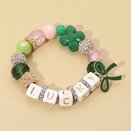 St Patricks Bow Charm LUCKY Shamrock Clover Beaded Stretch Bracelet
