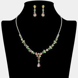 Teardrop Round Stone Cluster Embellished Rhinestone Paved Necklace