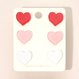 3Pairs - Glittered Resin Heart Stud Earrings