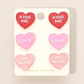 3Pairs - KISS ME LOVE BE MINE Heart Stud Earring Set