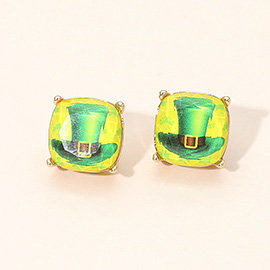 St Patricks Leprechaun Hat Square Cushion Stud Earrings