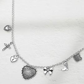 Stone Pave Textured Heart Cross Bow Western Boot Quatrefoil Charm Station Necklace