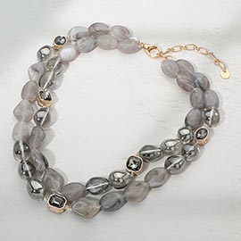 Bold Layered Marbled Pebble Faceted Beaded Necklace