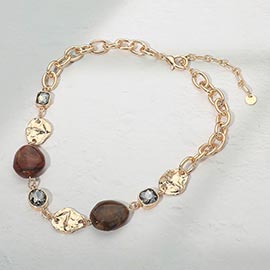 Marbled Resin Pebble Hammered Metal Plate Stone Cluster Link Necklace