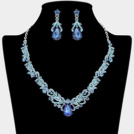 Teardrop Stone Cluster Accent Rhinestone Paved Leaf Embellished Necklace