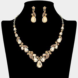 Teardrop Stone Cluster Accent Rhinestone Paved Leaf Embellished Necklace