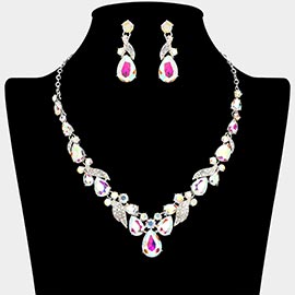 Teardrop Stone Cluster Accent Rhinestone Paved Leaf Embellished Necklace