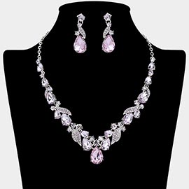 Teardrop Stone Cluster Accent Rhinestone Paved Leaf Embellished Necklace