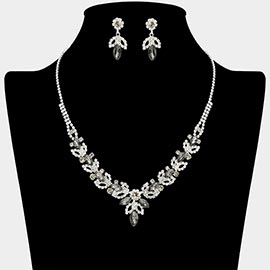 Marquise Stone Cluster Leaf Drop Rhinestone Paved Necklace