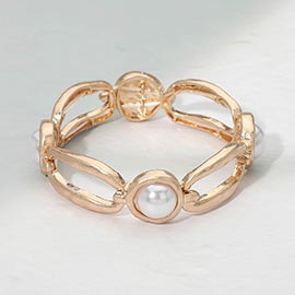 Pearl Accent Hammered Brushed Metal Link Chain Beaded Stretch Bracelet