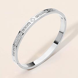 Stainless Steel CZ Accent Quatrefoil Engraved Hinged Bangle Bracelet