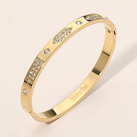 Stainless Steel Geometric CZ Detail Hinged Bangle Bracelet