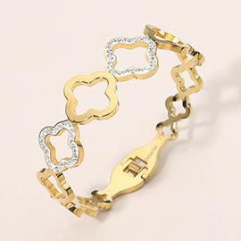 Stainless Steel CZ Pave Accent Open Quatrefoil Link Hinged Bangle Bracelet