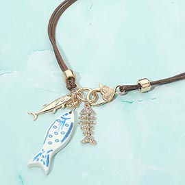 Ocean Fish Charms Layered Waxed Cord Necklace