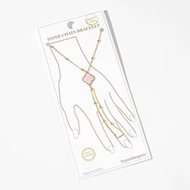 Gold Dipped Beaded Mother of Pearl Quatrefoil Accent Hand Chain Magnetic Bracelet