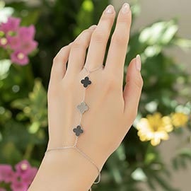 White Gold Dipped Quatrefoil Charm Link Hand Chain Magnetic Bracelet