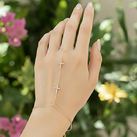 Gold Dipped Delicate CZ Pave Cross Charm Accent Hand Chain Magnetic Bracelet