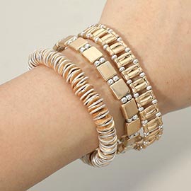 3PCS - Two Tone Metal Various Beaded Stretch Multi Layered Bracelets