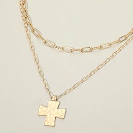 Hammered Metal Cross Pendant Double Layered Necklace