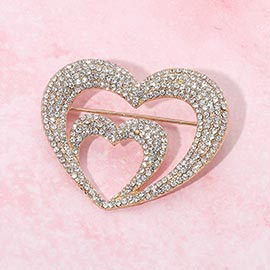 Rhinestone Pave Double Layered Open Heart Pin Brooch