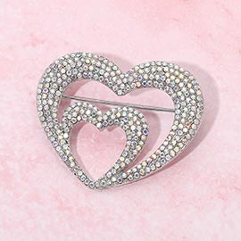 Rhinestone Pave Double Layered Open Heart Pin Brooch