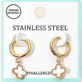 Stainless Steel Mother of Pearl Quatrefoil Charm Drop Dangle Huggie Hoop Earrings