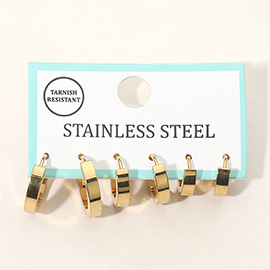 3Pairs - Stainless Steel Flat Huggie Hoop Earring Set