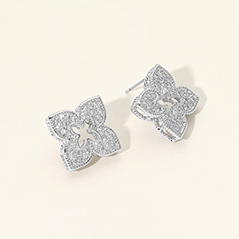14K Gold Plated CZ Stone Paved Clover Stud Earrings