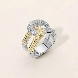 Two Tone CZ Pave Twisted Crossover Ring