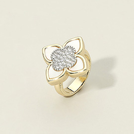 14K Gold Plated CZ Pave Center Mother of Pearl Floral Statement Ring