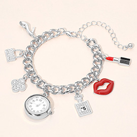 Silver Dipped Quatrefoil High Heel Lips Lipstick Charm Watch Bracelet