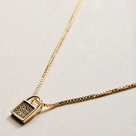 18K Gold Filled CZ Stone Paved Padlock Pendant Necklace