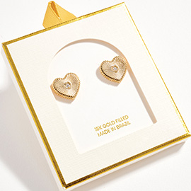 18K Gold Filled CZ Accent Textured Heart Stud Earrings