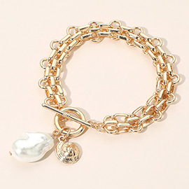 Chunky Organic Pearl Shell Charm Toggle Bracelet