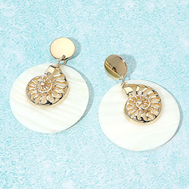 Spiral Shell Accent Mother of Pearl Disc Statement Drop Earrings