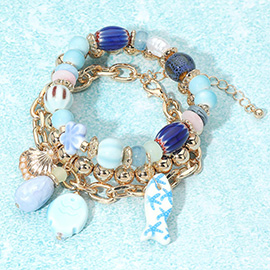 3PCS - Ceramic Fish Ocean Pearl Charm Beaded Multi Layered Bracelets