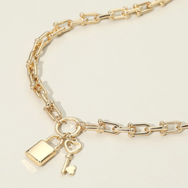 Chunky Metal Padlock Key Pendant Industrial Link Chain Necklace