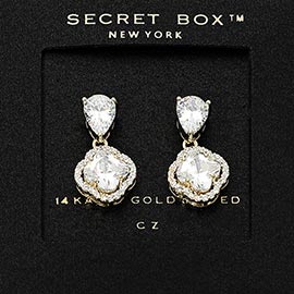 SECRET BOX_14K Gold Dipped CZ Quatrefoil Halo Drop Dangle Earrings