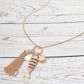 Metal Tassel Pearl Shell Fish Charm Pendant Necklace
